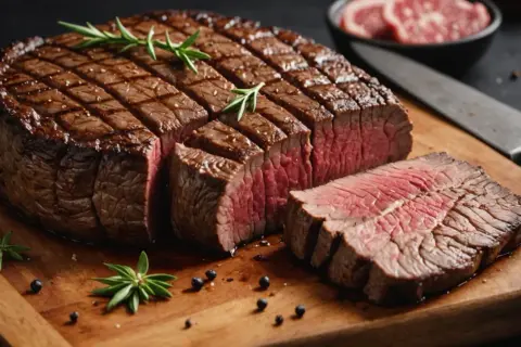 Un délicieux pave de lieu, grillé à la perfection, coupé en tranches rosées, garni de romarin et de grains de poivre sur une planche en bois.