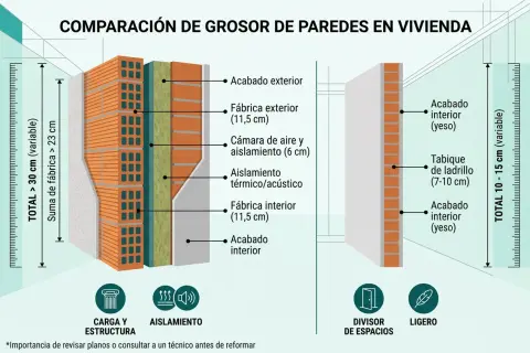 Comparación de grosor de paredes: una muestra el grosor de tabique entre viviendas con aislamiento, la otra un divisor de espacios ligero.