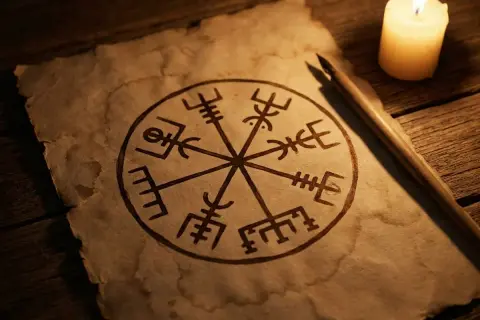 Starożytny symbol vegvisir narysowany na pożółkłym pergaminie, obok świecy i pióra.
