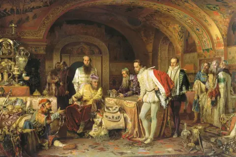 Iwan Groźny i syn w bogato zdobionej komnacie, otoczeni dworzanami i skarbami.