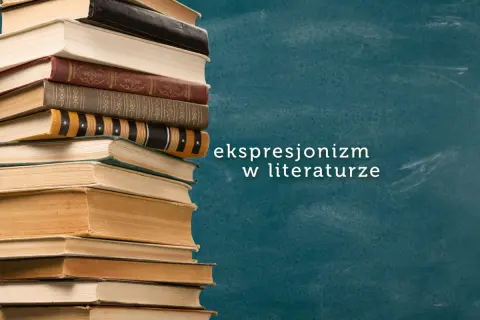 Stos książek, a obok napis "ekspresjonizm w literaturze".