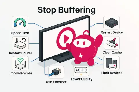 Tips to stop buffering: speed test, restart router, improve Wi-Fi, use Ethernet, lower quality, limit devices, clear cache, restart device.