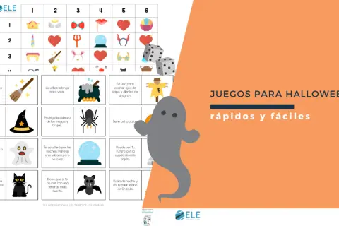 Juego de comprensión lectora de Halloween con imágenes de brujas, fantasmas y dados.