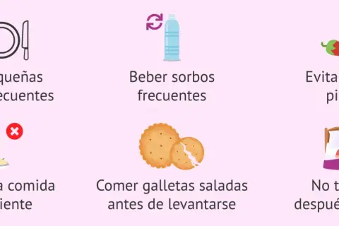 Consejos para aliviar los mareos del embarazo en el primer trimestre: comer poco y a menudo, beber agua, evitar picantes y comidas muy calientes.