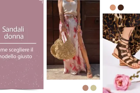 Sandali donna: come scegliere il modello giusto. Un look estivo con sandali multicolor bassi, borsa di paglia e abito floreale.