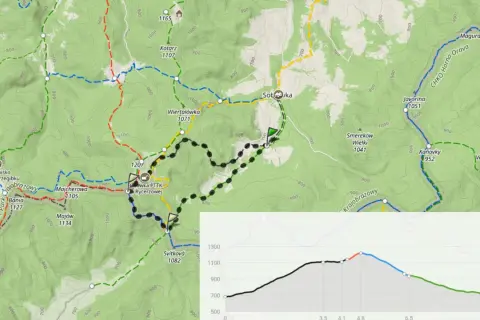 Mapa turystyczna z zaznaczonymi szlakami, w tym rycerzowa szlaki. Widoczne punkty i profile wysokości.