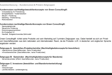 Zusammenfassung: Green Consulting® bietet nachhaltige Immobilien- und Standortkonzepte für Projektentwickler, Gemeinden und Investoren.