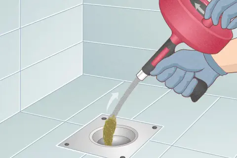 Gloves on, a drain snake is used to clear a clog from a shower drain. This shows how to snake a drain effectively.