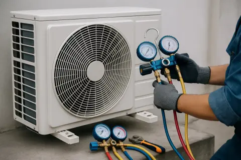 Tecnico controlla la pressione del gas con manometri per capire se manca gas condizionatore.