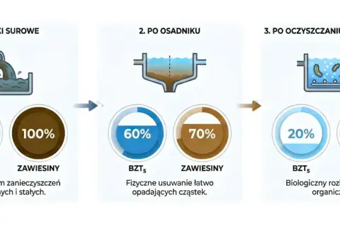 Ilustracja przedstawia etapy oczyszczania ścieków: surowe, po osadniku i po oczyszczaniu biologicznym, z wizualizacją redukcji zanieczyszczeń.