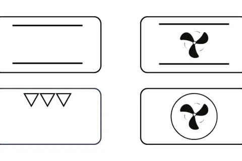 Symbole für Backofenfunktionen: Ober-/Unterhitze, Umluft mit Lüfter oben, nur Unterhitze, Umluft mit Lüfter hinten.