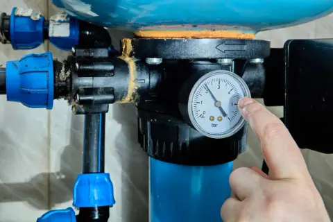 Palec wskazuje manometr przy hydroforze, pokazując ciśnienie. Dowiedz się, jak odpowietrzyć hydrofor, by działał sprawnie.