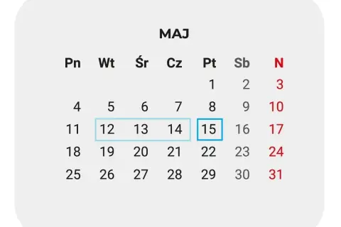 Kalendarz majowy z zaznaczonym 15. dniem. Może to być dzień imieniny Poli, warto sprawdzić!