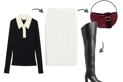 Look chic: maglione nero con colletto, gonna bianca e stivali alti sopra il ginocchio neri. Borsa bordeaux per completare.