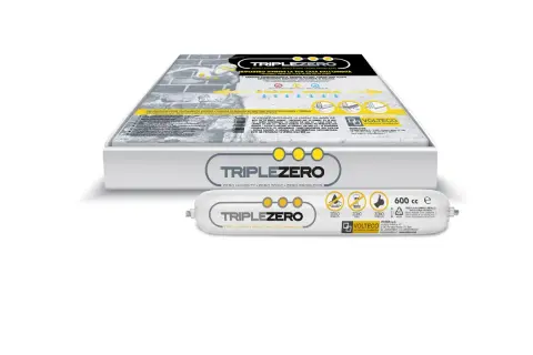 Una confezione e un tubetto di malta strutturale Triplezero, ideali per proteggere le case dall'umidità.