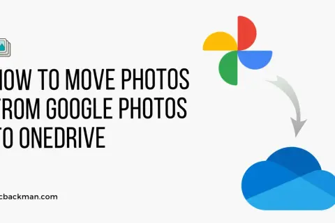 Guide on how to transfer Google Photos to OneDrive, showing the Google Photos logo with an arrow pointing to the OneDrive cloud icon.