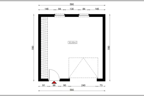 Projekt garażu na zgłoszenie, wymiary 590x590 cm, powierzchnia 30m2. Widok z góry z wymiarowaniem.