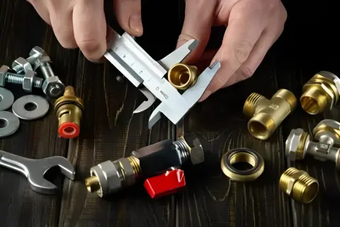 Mains de plombier mesurant un bouchon raccord hydraulique en laiton. Outils et raccords divers sur fond de bois sombre.