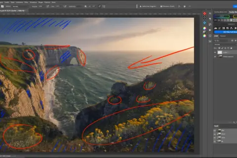 Schermata di Photoshop con un paesaggio di scogliere, evidenziato con segni rossi e blu. Si vedono strumenti di editing e pannelli, inclusi i livelli e i canali, suggerendo un lavoro di fotoritocco con tecniche come il **color dodge**.