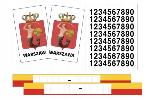 Dwa znaki taxi z Syrenką Warszawską, cyfry i paski do oklejania pojazdów.