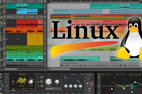 Linux-DAW-Software mit Tux, dem Pinguin, auf einer bunten Musikproduktions-Oberfläche.