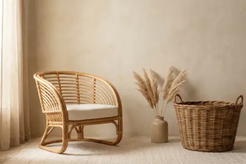 Un fauteuil en rotin naturel, un panier tressé et des herbes de pampa dans un vase. L'idée de peindre du rotin pour un look différent.