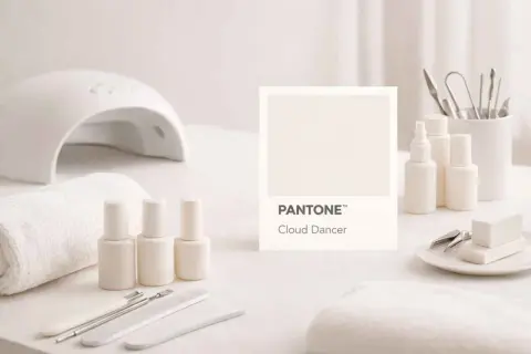 Set per manicure con smalti color pantone crema "Cloud Dancer", lampada UV e accessori.