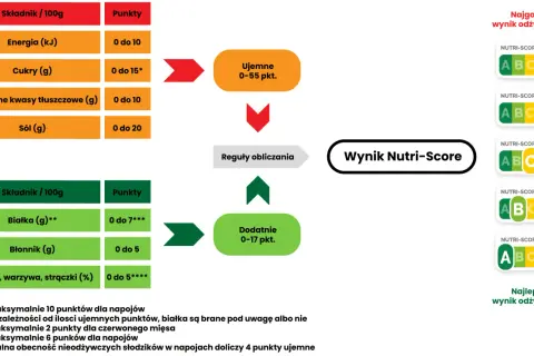Schemat obliczania **nutri score**: punkty ujemne (energia, cukry, tłuszcze nasycone, sól) i dodatnie (białko, błonnik, owoce/warzywa) prowadzą do wyniku.