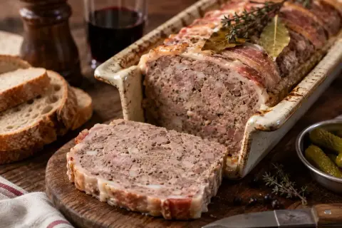 Terrine de sanglier en croûte de lard, servie avec du pain et des cornichons.