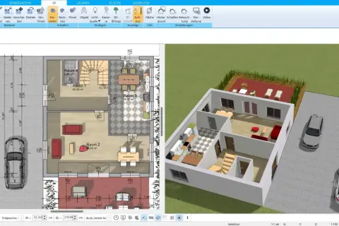 Software zur Wohnungseinrichtung planen: 2D-Grundriss und 3D-Ansicht eines Hauses mit Autos.