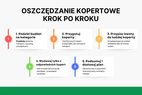 Jak zacząć oszczędzać: 5 kroków do budżetu kopertowego. Podziel budżet, przygotuj koperty, przypisz kwoty, wydawaj z odpowiednich kopert i podsumuj plan.