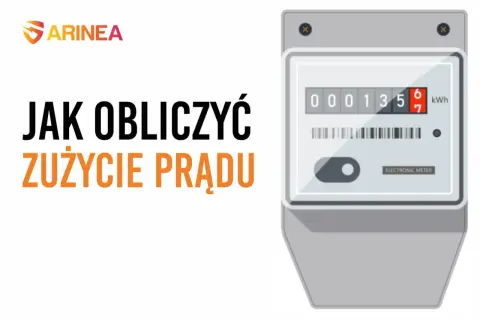 Jak obliczyć zużycie prądu? Grafika przedstawia licznik energii elektrycznej z wyświetlaczem pokazującym 000135,6 kWh.