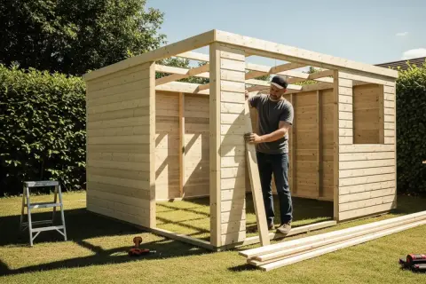 Uomo che costruisce un porta attrezzi da giardino fai da te in legno. Strumenti e assi di legno sul prato.