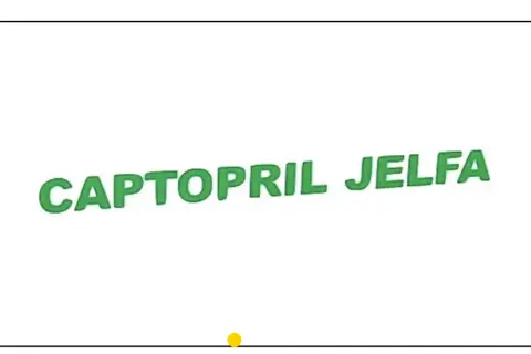 Napis CAPTOPRIL JELFA w kolorze zielonym, lekko nachylony.