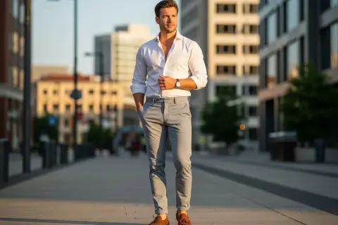 Mężczyzna w białej koszuli i szarych spodniach prezentuje styl smart casual na tle miejskiej architektury.