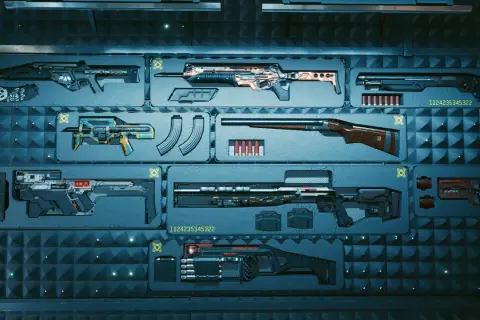 Kolekcja futurystycznych broni z Cyberpunk 2077, w tym karabiny i strzelby, gotowa do walki. To najlepsze bronie, jakie możesz zdobyć.