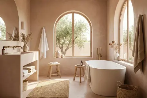 Salle de bain épurée avec baignoire îlot, lavabo en béton et vue sur un olivier. Une ambiance zen pour recouvrir le carrelage de votre salle de bain.