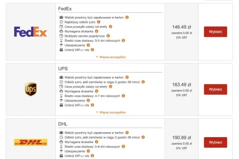 Porównanie cen przesyłek FedEx, UPS i DHL. Wybierz najlepszą opcję dla swoich potrzeb, jak w przypadku brytyjskich linii lotniczych.