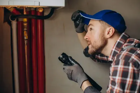 Instalator z latarką bada piony w bloku. Wymiana pionu w bloku ile trwa? Zależy od wielu czynników.
