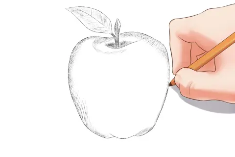 Mano dibujando una manzana con lápiz. Boceto de manzana con hoja, ideal para dibujos de para dibujar.