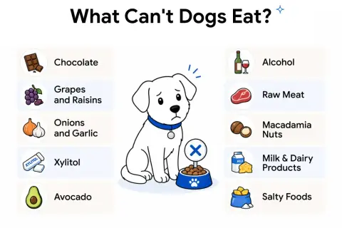 Sad dog illustration lists what dogs can't eat: chocolate, grapes, onions, xylitol, avocado, alcohol, raw meat, macadamia nuts, dairy, and salty foods.