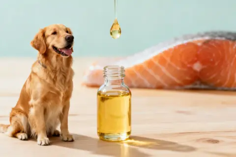 Golden retriever junto a una botella de aceite de salmón, destacando los aceite de salmon para perros beneficios.