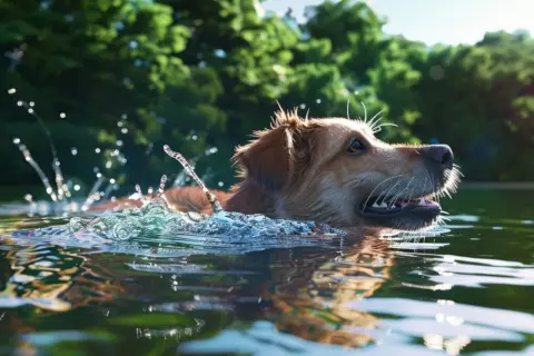 Złoty retriever radośnie pływa w jeziorze, rozpryskując wodę. Czy każdy pies umie pływać? Ten z pewnością tak!