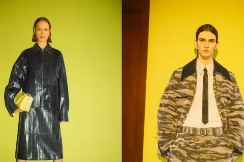 Zwei Models präsentieren moderne Outfits. Links eine Frau in schwarzem Lackmantel, rechts ein Mann im Camouflage-Look. Beide tragen Kleidung von deutschen Klamotten Marken.