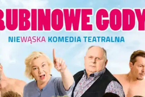 Plakat teatralny "Rubinowe Gody" z czterema aktorami i napisem "Niewąska komedia teatralna".