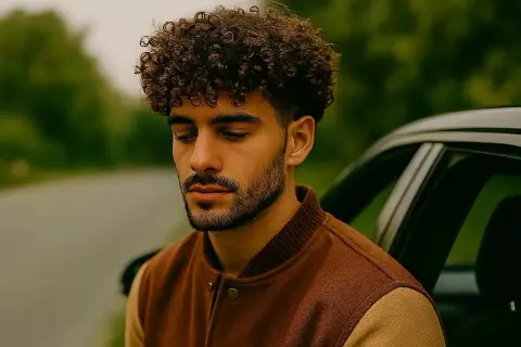 Un jeune homme aux cheveux bouclés, pensif, appuyé contre une voiture, le regard baissé.