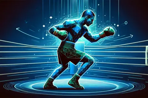A polygonal boxer in a digital ring, demonstrating boxing footwork with glowing blue lines and arrows.