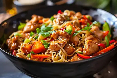 En läcker kyckling wok med nudlar, grönsaker och sesamfrön i en svart skål.