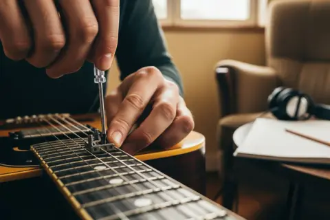 Hände stellen mit Schraubenzieher die Oktavreinheit an einer Gitarre ein. Ein Notizbuch und Kopfhörer liegen daneben.