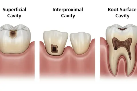 Illustrazione di carie superficiale, interprossimale e radicolare. Impara come prevenire le carie con una corretta igiene orale.